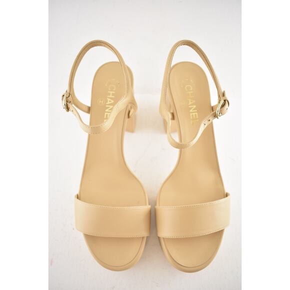 Chanel 24C Beige Nude Lambskin Leather Platform Ankle Strap Block Heel Sandal 42 - Picture 7 of 15